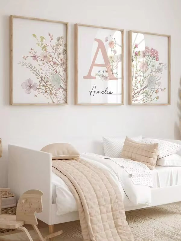 3 Pcs Personalized Name Custom Wildflowers Canvas Poster Pink Floral Youth Room Decoration Girls Bedroom Wall Decoration Kindergarten Decoration Poster Birthday Christmas Present No Frame, For Housewarming, Aesthetic Room Vibe