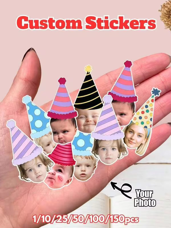 1/10/25/50/100/150pcs Customized Photo Stickers, Personalized Birthday Party Decoration Stickers, Personalized Photo Stickers, Bachelorette Party Favors, Multi-Functional, Decorative, Reusable, Exquisite, Fashionable, High Quality, Colorful, Modern